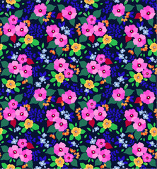 Trendy seamless vector floral pattern. Endless print made of small pink flowers, leaves and berries. Summer and spring motifs. Dark blue background.Vector illustration.