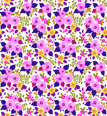 Vintage floral background. Seamless vector pattern for design and fashion prints. Flowers pattern with small yellow and pink flowers on a white background. Ditsy style. 