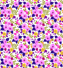Vintage floral background. Seamless vector pattern for design and fashion prints. Flowers pattern with small yellow and pink flowers on a white background. Ditsy style. 