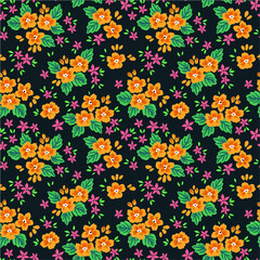 Vintage floral background. Seamless vector pattern for design and fashion prints. Flowers pattern with small yellow and pink flowers on a dark blue background. Ditsy style.