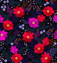Seamless floral pattern. Surface design made of pink flowers gerbera, leaves and berries. Summer and spring motifs. Trendy floral texture. Dark blue background. Vector illustration.