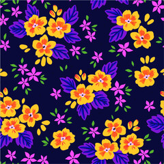 Fototapeta na wymiar Floral seamless pattern with small flowers in vintage style. Surface design of yellow flowers and purple leaves on a dark background. A bouquet of spring flowers for fashion prints. Modern fond.