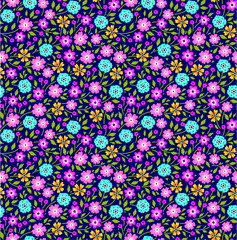 Floral pattern. Pretty flowers on dark blue background. Printing with small multicolored flowers. Ditsy print. Seamless vector texture. Spring bouquet.