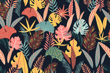 Seamless pattern of abstract tropical leaves.