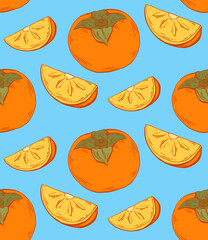 Persimmon color sketch seamless contour pattern on blue background. Healthy food with fruits and slices. Vector colorful texture