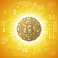 HUD Golden bitcoin. digital currency money. technology microchip mining worldwide network concept. Web banner golden bitcoin on motherboard background with microchip. Physical bit coin. Cryptocurrency