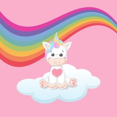 colorful abstract unicorn on a cloud with floating rainbow illustration
