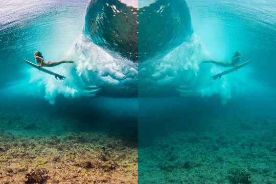 Example of editing underwater photography. more contrast and colourful compare raw file. Young woman in the bikini doing surfing and  duck dive at the point break under the wave.