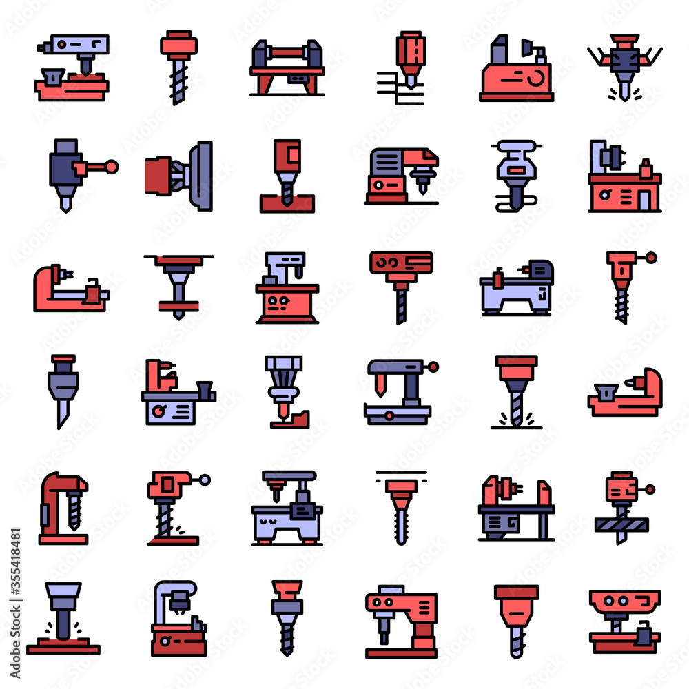 Poster milling machine icons set. outline set of milling machine vector icons for web design isolated on wh
