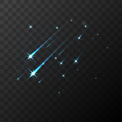Color vector shooting stars falling stars meteor and comet on transparent plaid background. Fall star in space, fantasy science in cosmos, asteroid color in galaxy.