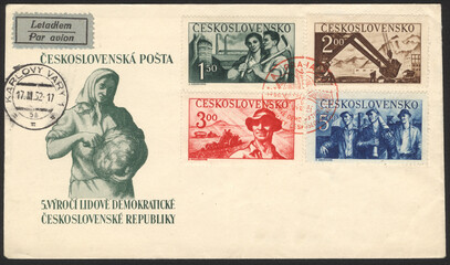Fototapeta na wymiar Czechoslovakia. First Day Cover. Czechoslovakia historical stamp. Czechoslovakia First Day Cover and Envelope, Stamp.