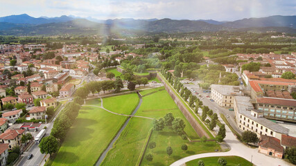 Fototapeta na wymiar Amazing aerial view of Lucca medieval town in Tuscany