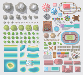 Set of landscape elements. Amusement park. (Top view)
Mountains, rocks, hills, trees, river, attractions, tents, construction. (View from above)