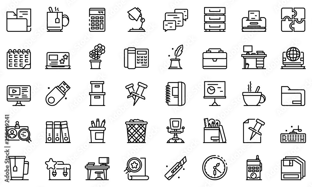 Poster Space organization icons set. Outline set of space organization vector icons for web design isolated on white background