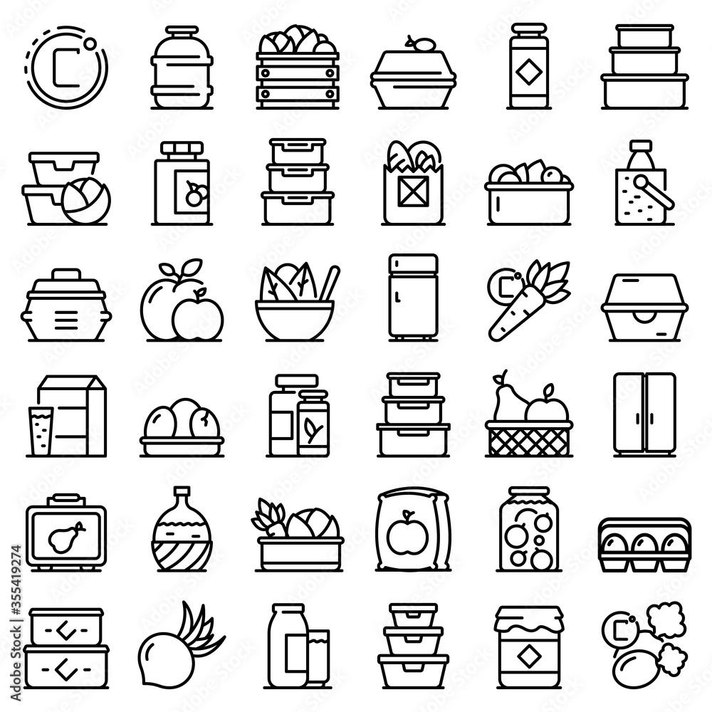 Poster food storage icons set. outline set of food storage vector icons for web design isolated on white ba