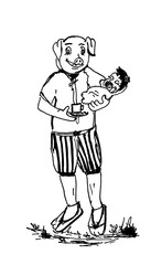 Cartoon pig with baby sketch. Pig character holding baby and tea cup.