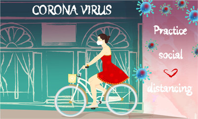 Corona Virus, practice social distancing banner with shop building front view, girl on a bike in a white medical face mask, Coronavirus Bacteria