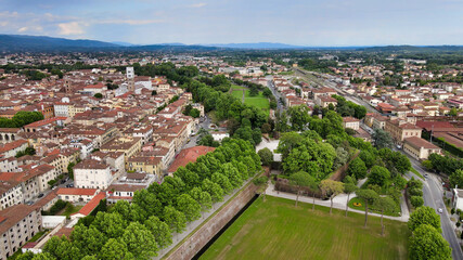 Amazing aerial view of Lucca medieval town in Tuscany