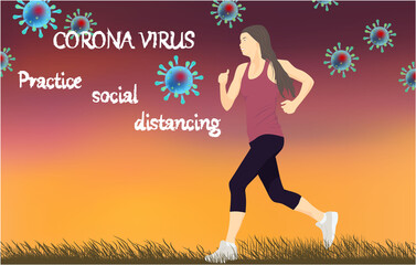 Corona Virus, practice social distancing banner with, girl, Coronavirus Bacteria
