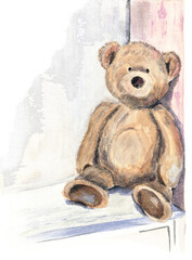 Transparent watercolor drawing of the plush bear sitting on a shelf. Pale blue and pink color range is melting in a white background. Memories from childhood, sweet and cozy home mood.