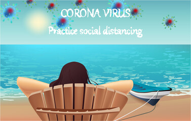Corona Virus, practice social distancing banner with beach view, boat, beach chair, girl, Coronavirus Bacteria