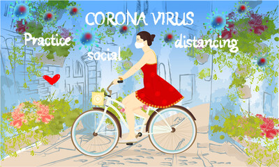 Corona Virus, practice social distancing banner with buildings, greens and flowers, girl on a bike in a white medical face mask, Coronavirus Bacteria
