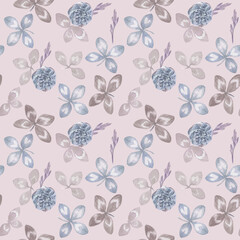 Seamless pattern with clover flowers and leaves on a pale lilac background. Watercolor illustration. Elegant and fine artwork.