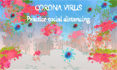 Corona Virus, practice social distancing banner with buildings, greens and flowers, Coronavirus Bacteria