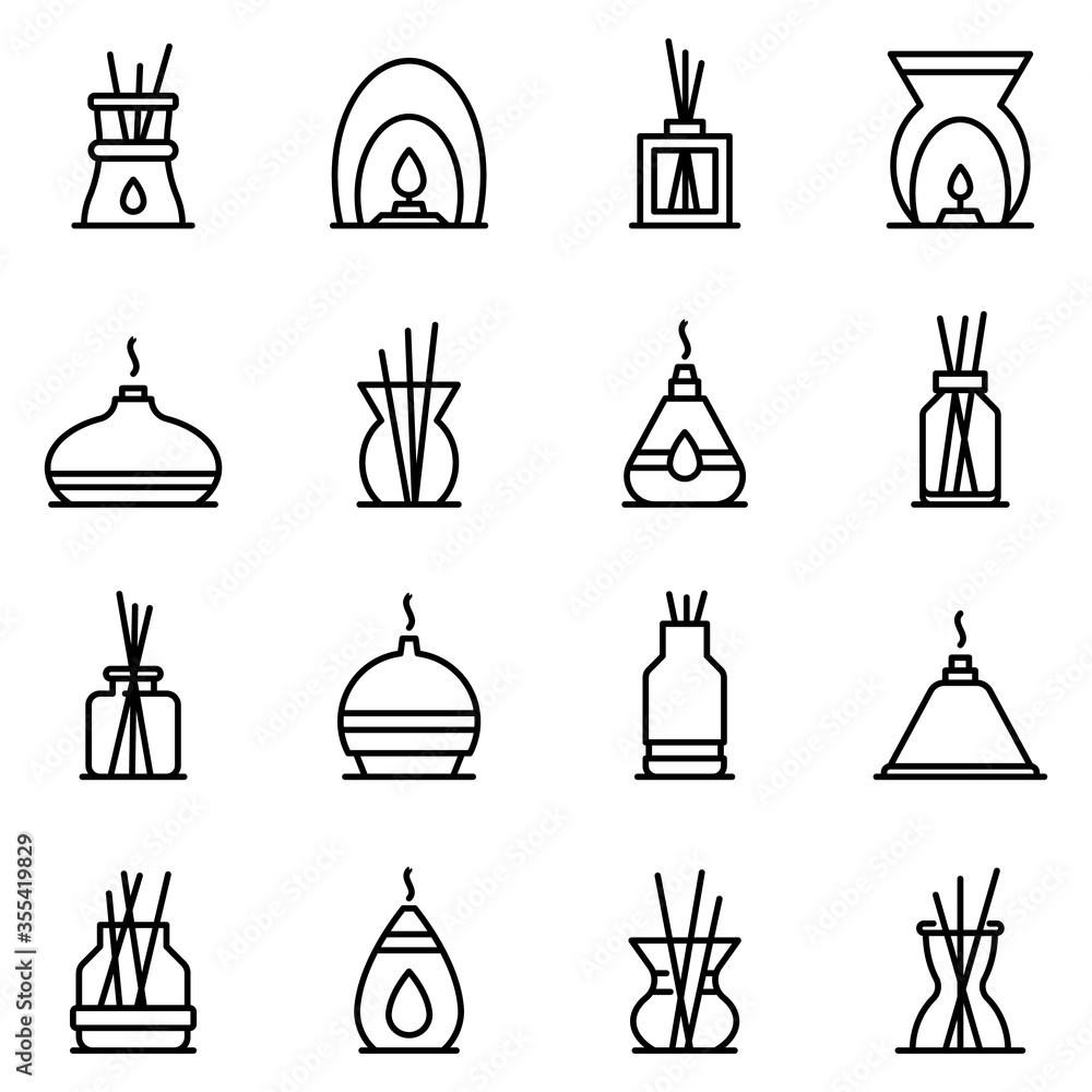 Poster diffuser icons set. outline set of diffuser vector icons for web design isolated on white background