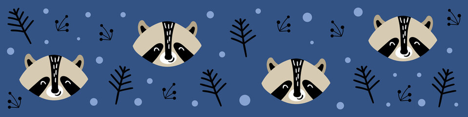 Web banner with cute raccoon faces. Social media cover picture. Cartoon animals on blue background. Flat vector illustration.