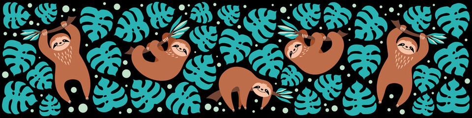 Web banner with cute sloths and monstera leaves. Social media profile background. Cartoon animals on black background. Flat vector illustration. © Alisa