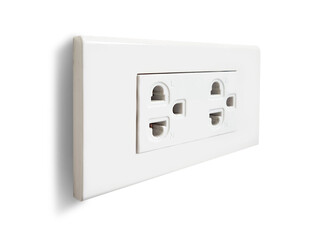 Plug socket mounted on a white wall, Side photo