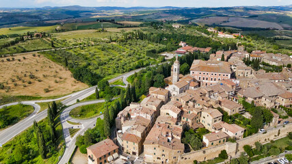 Fototapeta na wymiar Amazing aerial view of San Quirico medieval town in Tuscany