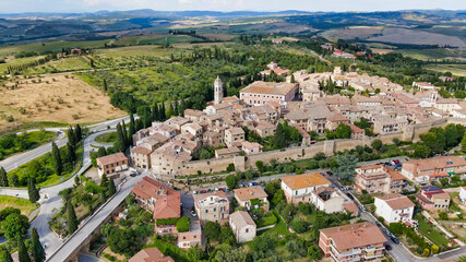 Fototapeta na wymiar Amazing aerial view of San Quirico medieval town in Tuscany