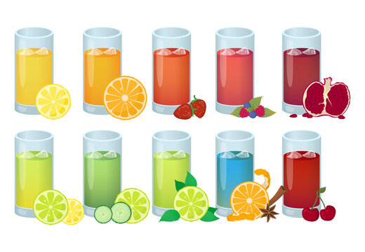 Fresh fruit smoothie cocktails illustration. Bundle of different glasses of juice.