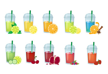 Fresh fruit smoothie cocktails illustration. Bundle of different juice take away glasses. Vector. 