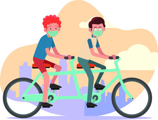 2 young boy are cycling together outside while using medical mask