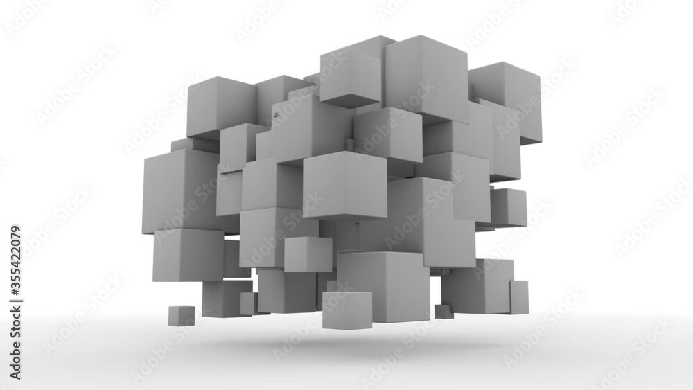 Poster 3d animation of a white cube that splits into many clubs that disintegrate in a chain reaction to fr