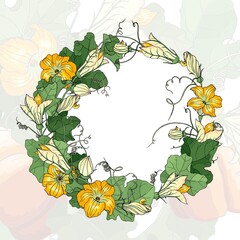 Vector square multicolored autumn card. Wreath of colorful leaves and flowers of pumpkin on colorful background. Hand line drawing. Template for Thanksgiving greeting card, Harvest festival invitation