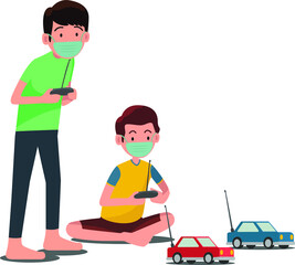 2 young boy are playing RC car together illustration