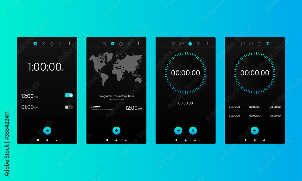 Wall mural clock user interface. alarm stopwatch timer ui mobile phone. cellphone watch widget futuristic vecto