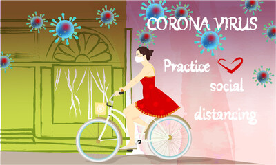 Corona Virus, practice social distancing banner with shop building front view, girl on a bike in a white medical face mask, Coronavirus Bacteria