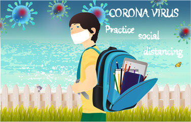 Corona Virus, practice social distancing banner with beach view, fence, schoolboy in white medical face mask, Coronavirus Bacteria
