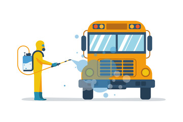 Bus disinfection. Cleaning and washing vehicle. Prevention coronavirus covid-19. Man in hazmat. Spraying from bacteria.Vector illustration flat design. Clean surfaces in car with a disinfectant spray.