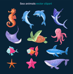 Sea animals. Set of cartoon vector illustration. Seahorse, whale, turtle, fish.Hand drawn style. Isolated