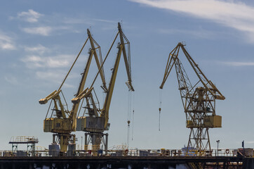 Fototapeta na wymiar SHIPYARD AND SEAPORT - A set of port cranes at the port repair and reloading quays 