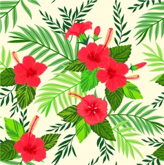 Tuinposter Seamless pattern with tropical flowers and leaves. Hibiscus flowers. Bright jungle pattern with palm leaves and exotic plants. Elegant template with Hawaiian motifs on a white background. © ann_and_pen