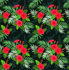 Tuinposter Naadloze patroon met tropische bloemen en bladeren. Hibiscus bloemen. Helder junglepatroon met palmbladeren en exotische planten. Elegante sjabloon met Hawaiiaanse motieven op een zwarte achtergrond. © ann_and_pen