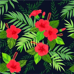 Behang Naadloze patroon met tropische bloemen en bladeren. Hibiscus bloemen. Helder junglepatroon met palmbladeren en exotische planten. Elegante sjabloon met Hawaiiaanse motieven op een donkergroene achtergrond. © ann_and_pen