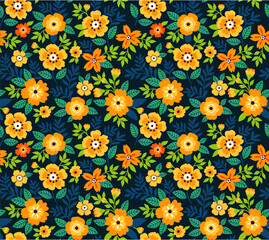 Seamless floral pattern for design. Small yellow flowers. Dark blue background. Modern floral texture. A allover floral design in bright colors. The elegant the template for fashion prints.